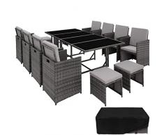 TecTake 800823 Set da Giardino Rattan 8+4+1, 8x Sedie 4x Sgabelli Tavolo, Viti in Acciaio Inox, Involucro di Protezione, Arredamento da Esterno (Grigio-Grigio Chiaro)