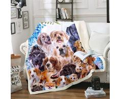 Coperta in peluche per bambini, carina, con motivo collage cani, animali domestici, cuccioli, coperta in pile, motivo bulldog, carlino, stile sherpa, per letto singolo, 130 x 150cm
