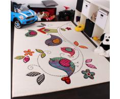 Tappeto Per Bambini Uccellini Fiori Casetta Nei Colori Crema Blu Arancione Verde, Grösse:140x200 cm