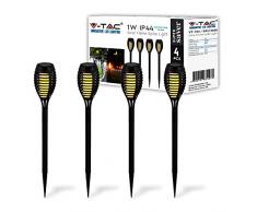 V-TAC Lampade Solari da Giardino - Torce LED con Pannello Solare - 4 Unità - Torcia LED con Effetto Fiamma Giardino, Cortile, Vialetto, Prato dio Casa - Con Interruttore ON-OFF - Luce 2200K