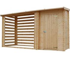 TIMBELA M205 Casetta da Giardino in Legno per Esterni con legnaia- A199x344x130 cm - 2,54 m2+1,1 m2 - Piccola Casetta in Legno, Rimessa Attrezzi, Deposito Bici