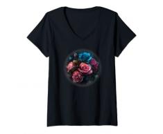 Donna Bellissimo mazzo di rose che sboccia, fiori blu, rosa, viola Maglietta con Collo a V