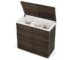 GIANTEX Cesto portabiancheria a 3 scomparti con coperchio, 110 l, con maniglia, cesto per la biancheria, con sacchetto rimovibile, per la biancheria, in polyrattan