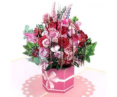 MOKIO® Biglietto Fiore Pop-Up – Mazzo di fiori con rose – Biglietto regalo 3D per un compleanno, come buono o per un regalo in denaro, Biglietto di auguri floreale con busta