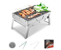 Sunkorto Barbecue Portatile a Carbone Griglia Barbecue Pieghevole in Acciaio Inossidabile con Utensile Kit BBQ Grill Barbecue per Pincnic in Balcone Giardino Picnic all’Aperto Taglia M 48x29x24cm