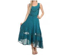 Sakkas 15225 - Abito Senza Maniche con Scollo a V in Rayon Slavato Ricamato con Piante Rampicanti Floreali Zendaya- Turquoise Blue-L/XL