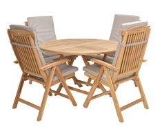 Rattanland, Set di mobili da giardino in legno di teak (tavolo e 4 sedie per 5 posizioni), legno con certificazione a V (cuscino beige), 57 x 55 x 75 cm Tisch (d1)