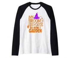Divertente Halloween Giardino Giardino Orticoltura Strega Scopa Maglia con Maniche Raglan