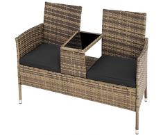 TecTake 800168 Panca da giardino in polyrattan con tavolino, Rivestimenti di colore beige, Tavolo con vera lastra in vetro (naturale/grigio scuro)