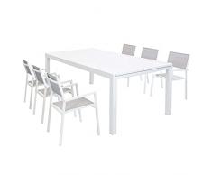 MilaniHome Set Tavolo Giardino Rettangolare Allungabile 200/300 X 100 con 6 Poltrone in Alluminio Bianco E Textilene da Esterno