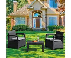 Le Stelle Set Salotto 2 Poltrone con Cuscino Tavolino in PolyRattan Arredo Giardino da Esterno Nero