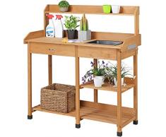 Yaheetech Tavolo Lavoro da Giardino per Piante in Legno Naturale con Lavandino Rimovibile Cassetto Spazioso Ganci Armadietto Banco per Giardinaggio Marrone