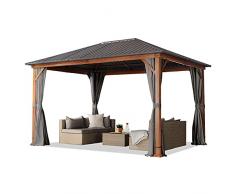 Gazebo da giardino 3x4 m effetto legno, tetto in acciaio, 4 pannelli laterali in grigio