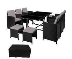 TecTake 800821 Set di Mobili Poli Rattan, Arredamento da Giardino, 6X Sedie 1x Tavolo con 3 Lastre di Vetro 4X Sgabelli, Involucro Protettivo, Nuovo (Nero-Grigio)