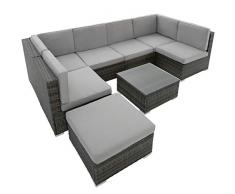 TecTake 800762 Set di Salottino in Rattan, 6 Sedili 1 Sgabello 1 Tavolin con Piano, Resistente alle Intemperie, Viti in Acciaio Inox (Grigio)