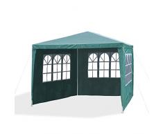 JOM 127137 Gazebo da giardino, 3 x 3 m, con 4 pareti laterali, 3 finestre e 1 porta con chiusura lampo, materiale PE 110G, barre di metallo, giunzioni plastiche, impermeabile, con picchetti e corde di tensione, verde