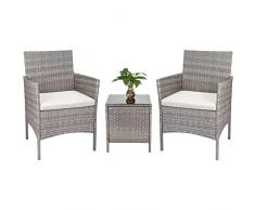 BAKAJI Set Mobili da Giardino 2 Poltrone e 1 Tavolino in Rattan PE Impermeabile per Esterno con Cuscini Beige, Arredo Terrazzo, Giardino, Esterni, Salotto Resistente alle Intemperie (Grigio)
