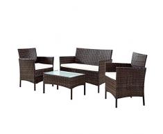 Totò Piccinni Set Praga Salotto Completo di Divano 2 Poltrone e Tavolino in Vetro e Poly Rattan Struttura in Acciaio con Cuscini (Marrone)