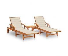 Festnight 3pz Lettino Prendisole, Lettino da Giardino con Tavolino, Sdraio da Giardino Pieghevole, in Legno Massello di Acacia