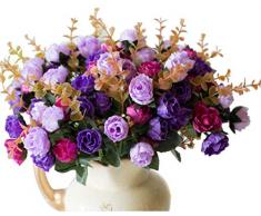 LumenTY Confezione 2 Mazzi di Rose in Seta Artificiale Mazzi di fiori finti Regali Festa Nuziale Cucina Decorazione Casa Ogni Mazzo ha 7 Rami con 21 Boccioli di fiori finti Piante Vintage Purple