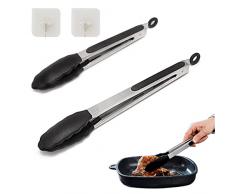 Set di 2 pinze da cucina resistenti al calore, Pinze de Barbecue Acciaio Inoxe Silicone di Alta qualità, Pinze da Cucina, Pinza Spaghetti, pinze per Insalata, pinze per Cibo, pinze per Barbecue（Nero）
