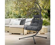 ECD Germany Poltrona Sospesa con Telaio di Supporto e Cuscino di Seduta Sedia Pensile Grigio Scuro 100 x 105 x 195 cm Base a X Carico max. 150kg Amaca per Balcone Terrazza Giardino da Interni/Esterni