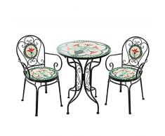 Set da Bistrot in Stile Europeo in Ferro Battuto da 3 Pezzi con Motivo Floreale a Mosaico in Vetro Colorato Retrò - Set Mobili da Giardino con Braccioli e Schienale - Set Tavolo e Sedie da Giardino
