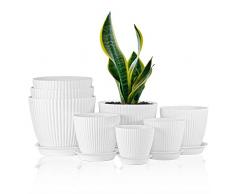 Warmplus Confezione da 8 Vasi per Piante da Interno, 19/17,5/16,5/16/14/13/11,5/10cm, Vasi per Fiori in Plastica Scanalature a Righe con Fori di Drenaggio e Sottovaso, Bianco