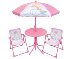 Fun House Unicorno - Salotto da Giardino con Tavolo H.46 x Ø 46 cm, 2 sedie H.53 XL.38,5 XP.37,5 cm e 1 Ombrellone H.125 x Ø 100 cm per Bambini, Rosa