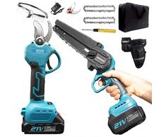 WEIWAN Forbici Potatura Elettriche 4Ah+ Mini motosega a Batteria Kit, 2 Pezzi batterie 21V - 4Ah + 2Ah, Professionali forbice potatura a batteria + Motosega elettrica a Batteria da 6 Pollici 900W