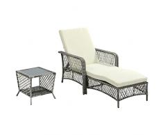 Outsunny Set Lettino Prendisole e Tavolino in Rattan PE, Sdraio da Giardino Regolabile su 5 Posizioni e Tavolino a 2 Ripiani, Bianco Crema