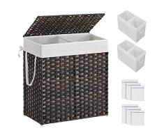 SONGMICS Cesto Porta Biancheria Intrecciato a Mano, 110L, Cesta in Rattan Sintetico Pieghevole con Coperchio e Manici, Sacco Interno Rimovibile, per Vestiti Differenziati, Marrone LCB052K02