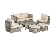 Outsunny Salotto da Esterno in Rattan PE da 8 Pezzi, Set Mobile da Giardino Salvaspazio con Poltrone, Tavolini e Sgabelli, Beige