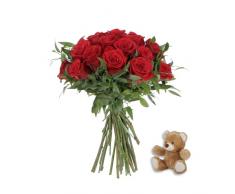 KENTIS - Bouquet 24 Rose Rosse con Orsetto di Peluche - Mazzo Fiori Veri e Freschi a Domicilio Spedizione Gratuita e Veloce Idea Regalo San Valentino Anniversario per Lei per Lui