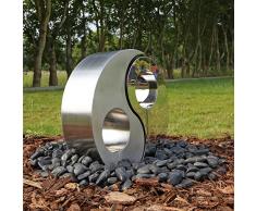 Fontana da Giardino Acciaio Inox Ying Yang, Illuminazione lampadine LED Colore Bianco Neutro Decorazione Esterna, Set Completo, Scultura di Acciaio Altezza 46cm