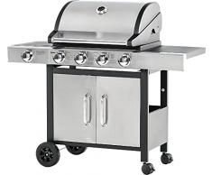 Outsunny Barbecue Gas con Coperchio e 5 Bruciatori Totali da 15.2kW, Termometro, Mensola e 4 Ruote, 128x50x113cm Nero e Acciaio