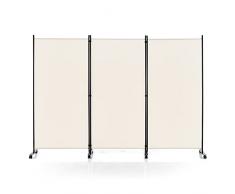 GYMAX Paravento Pieghevole a 3/4Pannelli, Schermi Divisori con Ruote, Ante in Poliestere, Telaio in Ferro, Indipendente e Salvaspazio, Separatore per Interno/Esterno (262x30x180cm, Beige)