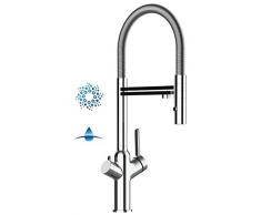 Rubinetto cucina 4 VIE per sistemi Frigogasatori e filtro acqua depuratore canna movibile e doccia staccabile 2 getti (Cromato)