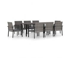 Tidyard Set 7/9 pz da Pranzo da Giardino in Polyrattan Nero/Grigio,Set Tavolo e Sedie da Giardino per Esterno in Polyrattan,Set Tavolo in Vetro e 6/8 Sedie con Braccioli da Giardino per Esterno