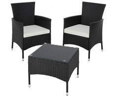 TecTake Set de giardino in poly rattan | 2 sedie e tavolino con piano in vetro | Robusto telaio in acciaio - disponibile in diversi colori - (Nero | No. 402862)