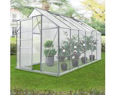 Serra da Giardino in Policarbonato a Forma di Casetta con Porta Scorrevole, 4 Finestrine e Grondaie - Struttura Termoisolante (Lu x La x A) 370 x 190 x 124/195 cm