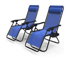 VOUNOT Set di 2 Sdraio da Giardino con Portabicchieri e Poggiatesta Regolabile, Sedia Pieghevole Zero Gravity da Esterno, Poltrona Relax, Carico Massimo 120kg, Blu