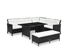 Goliraya Set 3 pz Divani Angolari da Giardino con Cuscini in Polyrattan Nero,Divano ad Angolo,Divano Angolare 5 Posti+Tavolo Rettangoalre+Panca 2 Posti,Set Tavolo e Sedie da Pranzo Giardino Esterno