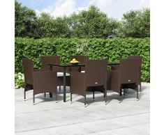 Tidyard Set 7 pz,Tavolo Vetro e 6 Poltrone,da Pranzo,da Giardino,da Esterno,in Polyrattan,Marrone,Vetro,Nero,Set Tavolo e Sedie da Giardino Esterno Patio Terrazzo,Set Mobili da Giardino,Esterno,Patio