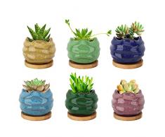 Lewondr Vasi da Fiori per Succulenti, 6 PZ Vaso da Fiori in Ceramica per Piante Succulente Cactus, Mini Vasi con Foro di Scarico e Vassoio in bambù Decorazione per Casa Ufficio Balcone - Multicolori
