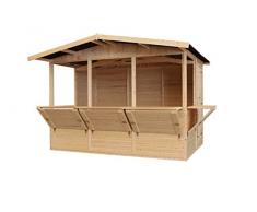 Capanno in Legno, Capanno Espositore in Legno, Chiosco in legno da giardino per bar, CINQUE FINESTRE 336x263 cm/6 m2 Stand di vendita con bancone, Multifunzione cabina da giardino TIMBELA M150B