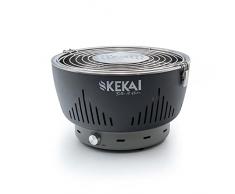 KEKAI Barbecue a carbone portatile da tavolo Crater 35x35x25 cm con vaschetta raccogli grasso ventola a batteria per accelerare la brace e griglia estraibile senza fumo colore grigio