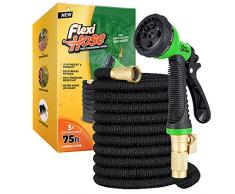 Flexi Hose Canna per Giardino, Extra-Forte, raccordi in Puro Ottone da 3/4 - Il Top delle canne per Acqua Flessibili, Senza intoppi, Spray con 8 funzioni compreso (75 FT, Nero)