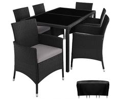 tectake 800325 Set da giardino in polyrattan, 6+1, Molto pratico, Sedie con piedini in plastica anti-graffio (nero/grigio)