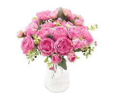 Decpro 4 Mazzi Rose Artificiali Peonie Fiori Mazzo Erbe di Plastica Fiori di Nozze per Casa Party Garden Decor, Centrotavola,Rosso rosa